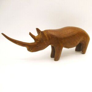 Hand Carved Wooden Rhino Figurine 8" Made In Kenya Solid Desk Buddy With  Pointe